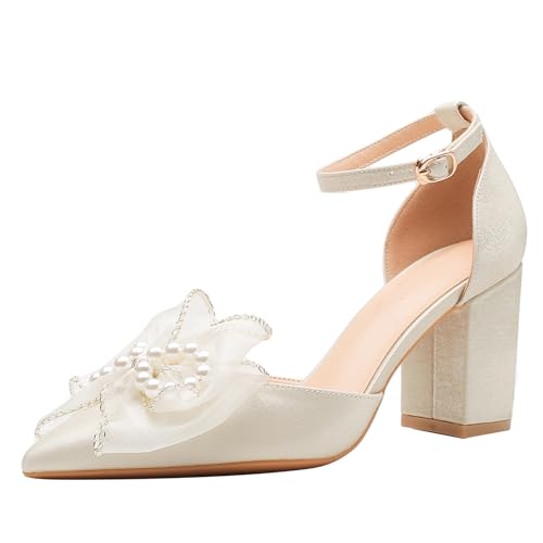 Luxus Hochzeitsschuhe Für Damen Kristall Brautpumps Blockabsatz Spitze Zehe Für Braut Fotoshooting Weiche Futter Weite Größen,Almond 6cm,38 EU von Generic