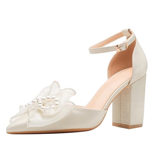 Luxus Hochzeitsschuhe Für Damen Kristall Brautpumps Blockabsatz Spitze Zehe Für Braut Fotoshooting Weiche Futter Weite Größen,Almond 8cm,39 EU von Generic
