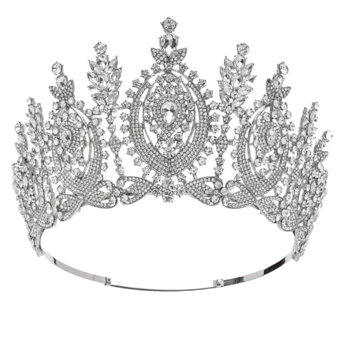Luxus Runde Hohe Diadem Braut Krone Festzug Miss Tiaras Kopfschmuck Braut Hochzeitskleid Haar Silber Weiß von Generic
