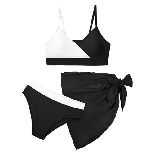 Mädchen Badeanzug V-Ausschnitt Bikini Set Farbblock Mit Überzug Strandrock 3-teilig Badeanzüge Kinder (G-12-Schwarz, 10-11 Years) von Generic