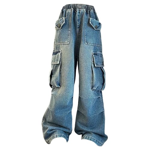 Mädchen Baggy Cargo Jeans Weite Bein Skater Y2K Destroyed Boyfriend Niedrige Taille Oversized Loose Fit Hip Hop Streetwear Grunge Denim Hose Kinder Teenager Blau Schule (Blue, 15-16 Years) von Generic