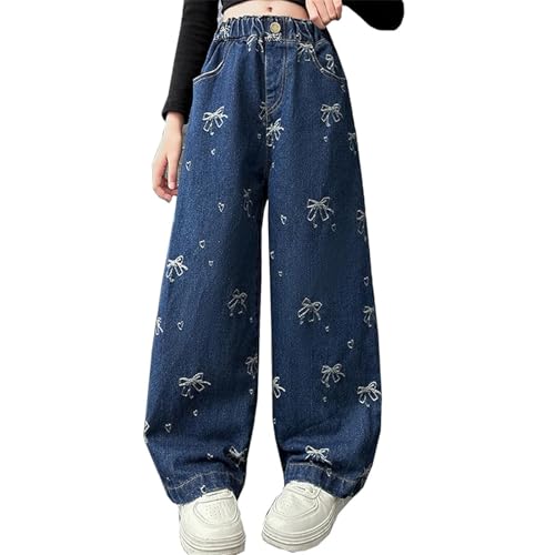 Mädchen Baggy Jeans Hosen mit Schleife Muster Vintage Y2k Denim Hose Kinder Mode Loose Fit Weitem Bein Jeanshose mit Taschen Streetwear Teenager Mädchen Elastische Hohe Taille Hosen für 4-15 Jahre von Generic