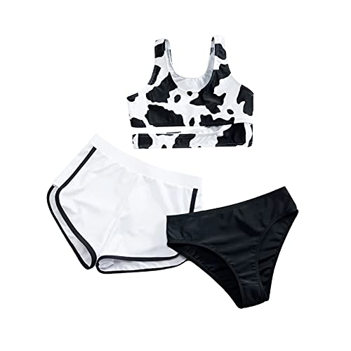 Mädchen Bikini Set,3-teilige Badeanzüge für Mädchen,Bikini Top+Shorts +Slips Badeanzug,Kinder Badebekleidung mit Blumenmuster Schwimmanzug,für 8-14 Jahre (#09 Schwarz, 9-10 Jahre) von Generic