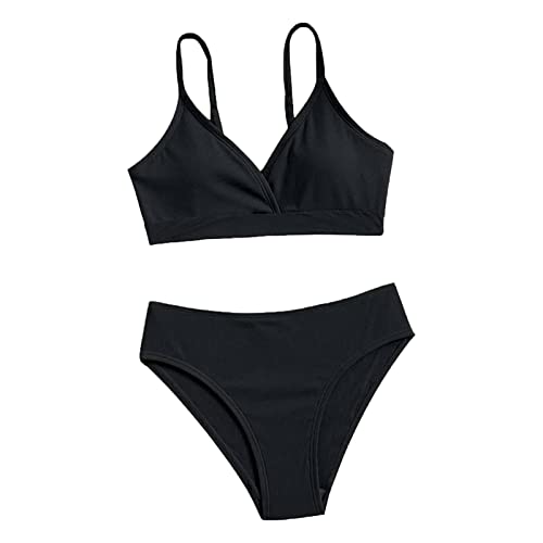 Mädchen Bikini Set 2 Teilig Badeanzug für Kinder Teenager Schwarz Sommer Tankini mit Spaghettiträgern Bikinioberteil Triangel Bikinishorts Zweiteilige Tankini Sportlich (A01-Black, 12-14 Years) von Generic