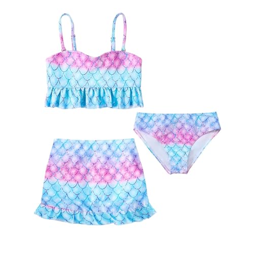 Mädchen Bikini Set 3er Sommer Badeanzüge Kinder Dreiteilig Tankini mit Rock Blumendruck Bademode Bikinis für Mädchen (X-05-Lila, 3-4 Years) von Generic
