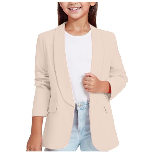 Mädchen Blazer Anzug Langarm Einfarbig Casual Blazer Arbeit Büro Open Front Jacke Anzug Frühling Herbst Kinder Formale Offene Mädchenblazer Anzugjacke für Kinder 3-14 Jahre (Beige, 7-8 Years) von Generic