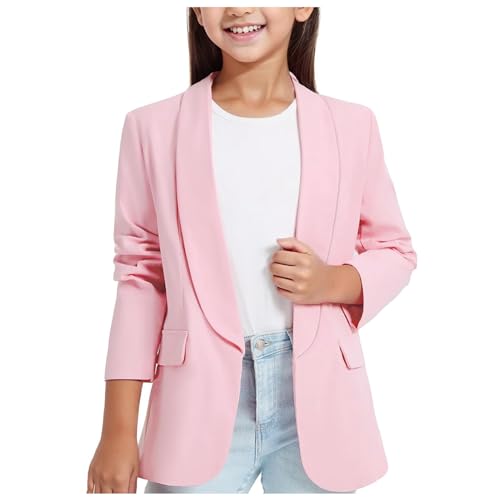 Mädchen Blazer Anzug Langarm Einfarbig Casual BlazerArbeit Büro Open Front Jacke Anzug Frühling Herbst Kinder Formale Offene Mädchen Blazer Anzugjacke für Kinder 3-14 Jahre (Pink, 9-10 Years) von Generic