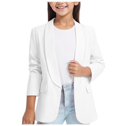 Mädchen Blazer Anzug Langarm Einfarbig Casual BlazerArbeit Büro Open Front Jacke Anzug Frühling Herbst Kinder Formale Offene Mädchen Blazer Anzugjacke für Kinder 3-14 Jahre (White, 13-14 Years) von Generic