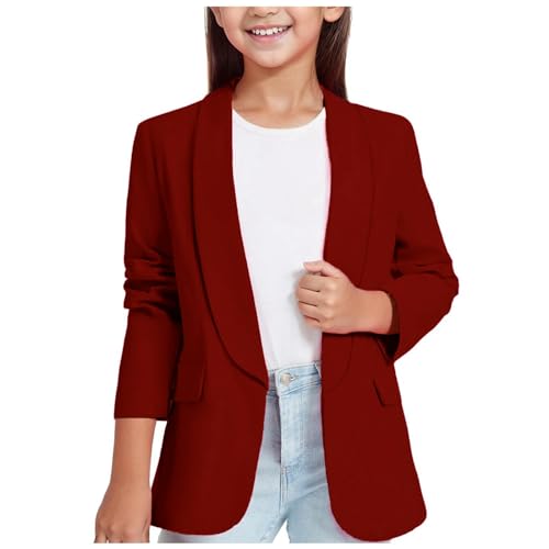 Mädchen Blazer Frühling Herbst Langarm Anzugjacke Formale Offene Front Anzugjacke mit Innentasche Kinder British Style Herbstjacke Mantel für Kinder 3-14 Jahre (Wine, 13-14 Years) von Generic