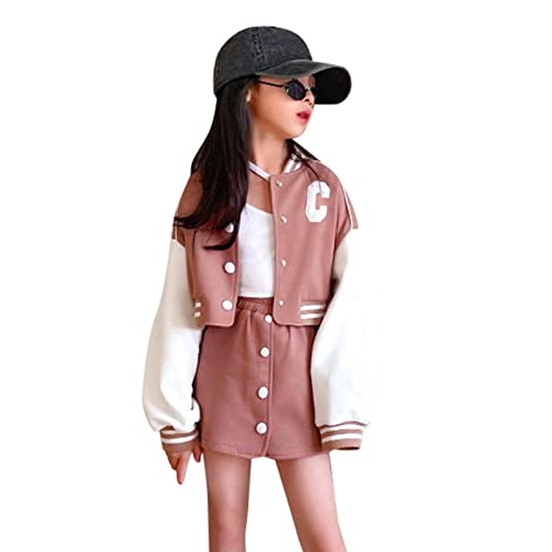Mädchen College Baseball Jacke und Rock Retro Kleidung Set Coole Freizeitkleid Frühling Schuluniformen Zweiteillig Sport Kleider Kleinkind Mädchen Langarm Baseball Mantel Rock Outfit Set von Generic