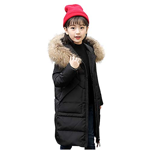 Mädchen Daunenjacken mit Kunstfell Kapuze Lang Winterjacke Kälteschutz Wasserabweisend Verdickte Daunenmantel Langer dicker Winter-Trenchcoat Plüschkrempe übergroß Kapuzenpullover (Black, 11-12 Years) von Generic