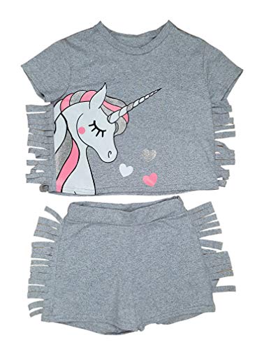 Mädchen Einhorn Sommer Set Shirt Shorts Top Perfekt für Kindergarten Schule Kita (Grau, numeric_122) von Generic