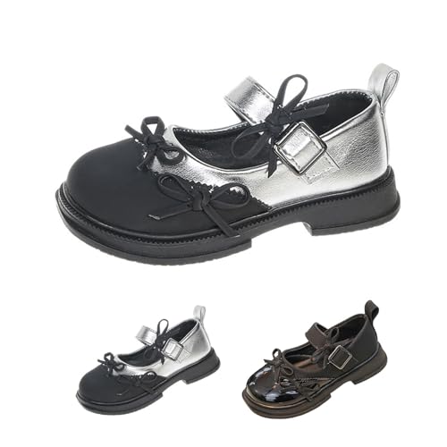 Mädchen Fliege Mary Jane Patent Schuhe Prinzessin Gummisohle Anzugschuhe Flache Lederschuhe Preppy-Stil Ballerina Schulschuhe mit Klettverschluss Flach rutschfeste (Silver, 31 Little Child) von Generic