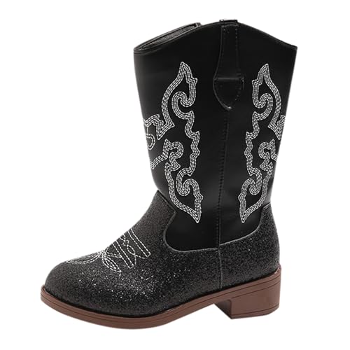 Mädchen High Heel Reitstiefel Gefüttert Stiefel Glitzer Schneestiefel Rutschfest Lederschuhe Mode Winterstiefel mit Seitlichem Reißverschluss Hohe Kinderschuhe (Black, 34) von Generic