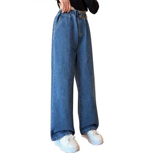 Mädchen Jean Hosen Y2k Hip Hop Denim Jeans Vintage Hose Mit Weitem Bein Für Kinder Fit Lockere Jeanshose Mit Elastische Taille Und Taschen Loose Fit Stretch Denimhosen Blue 13-14 Years von Generic