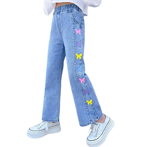 Mädchen Jeans Teenager Cargo Hosen Baggy Schlaghose Denim Jeans Gummibund Weites Bein Gerade Weite Jeans Jeans Mädchen Löchern Baggy Jeans Teenager Mädchen von Generic