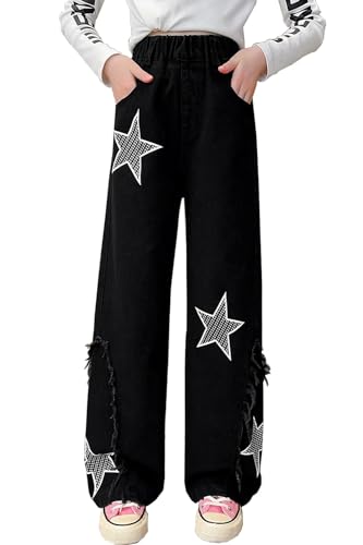 Mädchen Jeans Teenager Cargo Hosen Baggy Schlaghose Denim Jeans Gummibund Weites Bein Gerade Weite Jeans Jeans Mädchen Löchern Baggy Jeans Teenager Mädchen von Generic