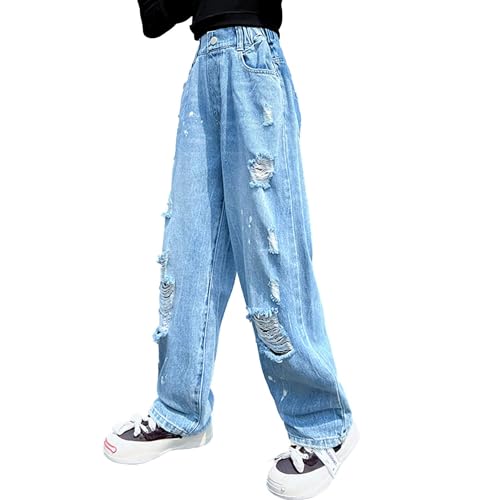 Mädchen Teenager Cargo Hosen Baggy Schlaghose Gummibund Weites Bein Gerade Denim Jeans Y2k Hip Hop Outfit Mit Löchern von Generic