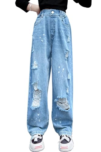 Mädchen Teenager Cargo Hosen Baggy Schlaghose Gummibund Weites Bein Gerade Denim Jeans Y2k Hip Hop Outfit Mit Löchern von Generic