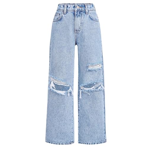 Mädchen Jeans mit Löchern Baggy Weites Bein Jeanshosen Loch Jeans Kinder High Waist Denim Hose Gummizug Gerade Hose mit Löchern Kinderkleidung Mädchen Personalisiert (Light Blue, 9-10 Years) von Generic