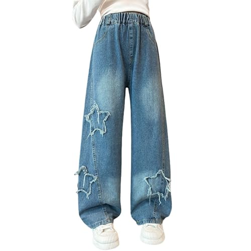 Mädchen Jeans mit hoher elastischer Taille Jugendliche gerade Weite Bein Baggy Jeans mit Taschen lässig lose Passform Stern Stickerei Denim Hosen gerade Bein Baggy Hosen (Light Blue, 10-11 Years) von Generic