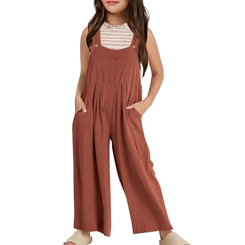 Mädchen Jumpsuit Festlich Ärmelloses Overall 𝗟ang Weites Bein Sommer Hose Latzhosen Einfarbig Spaghettiträger Freizeit Casual Loose Jumpsuits Kinder 𝐌ode Taschen (Brown, 11-12 Years) von Generic