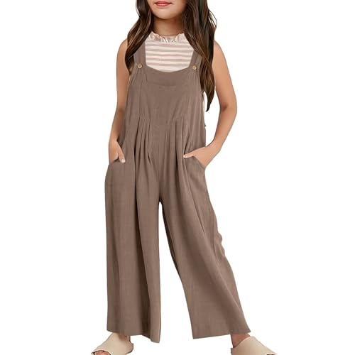 Mädchen Jumpsuit Festlich Ärmelloses Overall 𝗟ang Weites Bein Sommer Hose Latzhosen Einfarbig Spaghettiträger Freizeit Casual Loose Jumpsuits Kinder 𝐌ode Taschen (Coffee, 11-12 Years) von Generic
