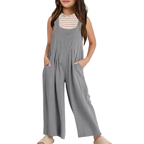 Mädchen Jumpsuit Festlich Ärmelloses Overall 𝗟ang Weites Bein Sommer Hose Latzhosen Einfarbig Spaghettiträger Freizeit Casual Loose Jumpsuits Kinder 𝐌ode Taschen Sommerkleidung (Grey, 9-10 Years) von Generic