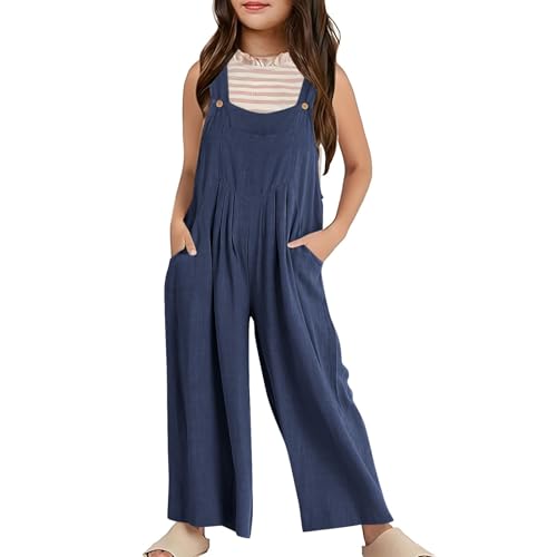 Mädchen Jumpsuit Festlich Ärmelloses Overall 𝗟ang Weites Bein Sommer Hose Latzhosen Einfarbig Spaghettiträger Freizeit Casual Loose Jumpsuits Kinder 𝐌ode Taschen Sommerkleidung (Navy, 7-8 Years) von Generic