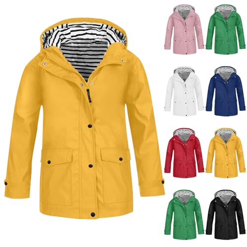 Mädchen Jungen Unisex Fleece Regenanzug Wasserdicht Winddicht Regenjacke Atmungsaktiv Übergangsjacke mit Kapuze Leichte Outdoor Funktionsjacke Regenmantel Trenchcoat (Yellow, 5-6 Years) von Generic