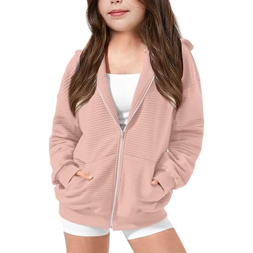 Mädchen Kapuzenpullover Zip Up Hoodie Jacke mit Reißverschluss Langarm Einfarbig Sportlich Locker Sweatjacke Teenager Oversize Kapuzenjacke Kleidung Lange Ärmel Sweatshirt (Beige, 10-11 Years) von Generic