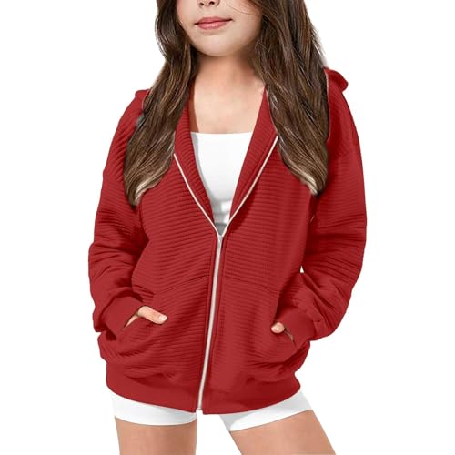 Mädchen Kapuzenpullover Zip Up Hoodie Jacke mit Reißverschluss Langarm Einfarbig Sportlich Locker Sweatjacke Teenager Oversize Kapuzenjacke Kleidung Lange Ärmel Sweatshirt (Red, 10-11 Years) von Generic