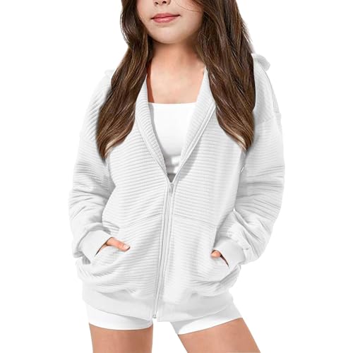 Mädchen Kapuzenpullover Zip Up Hoodie Jacke mit Reißverschluss Langarm Einfarbig Sportlich Locker Sweatjacke Teenager Oversize Kapuzenjacke Kleidung Lange Ärmel Sweatshirt (White, 10-11 Years) von Generic