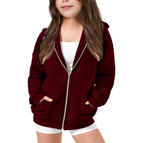 Mädchen Kapuzenpullover Zip Up Hoodie Jacke mit Reißverschluss Langarm Einfarbig Sportlich Locker Sweatjacke Teenager Oversize Kapuzenjacke Kleidung Lange Ärmel Sweatshirt (Wine, 7-8 Years) von Generic