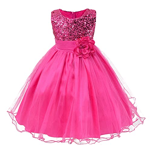 Mädchen Kinder Pailletten Tüllkleid ärmellos Abendkleid Festliches Kleid Mädchen Prinzessin Kleider Hochzeit Partykleid Elegant Langes Abendkleid Kommunikation Spitze Tüllkleid (Hot Pink, 6-7 Years) von Generic