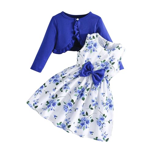 Mädchen Kleid 2-teiliges Ärmellos Blumenmkleid mit Langarm Strickjacke Kinder Baumwolle Kleidanzug Bowknot A-Linie Kleider Elegant Sommerkleid Teenager Swing Lässig Mädchenkleid (Dark Blue, D) von Generic