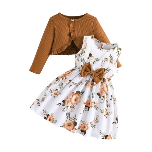 Mädchen Kleid 2-teiliges Ärmellos Blumenmkleid mit Langarm Strickjacke Kinder Baumwolle Kleidanzug Bowknot A-Linie Kleider Elegant Sommerkleid Teenager Swing Lässig Mädchenkleid (Khaki, A) von Generic