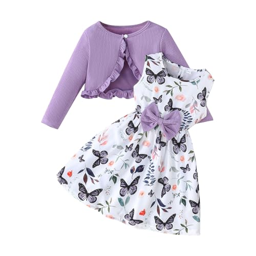Mädchen Kleid 2-teiliges Ärmellos Blumenmkleid mit Langarm Strickjacke Kinder Baumwolle Kleidanzug Bowknot A-Linie Kleider Elegant Sommerkleid Teenager Swing Lässig Mädchenkleid (Light Blue, D) von Generic