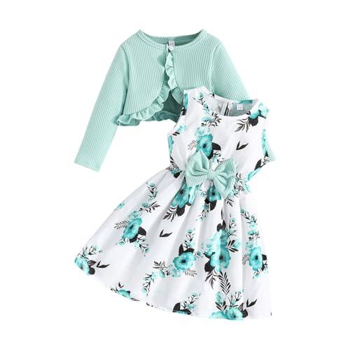 Mädchen Kleid 2-teiliges Ärmellos Blumenmkleid mit Langarm Strickjacke Kinder Baumwolle Kleidanzug Bowknot A-Linie Kleider Elegant Sommerkleid Teenager Swing Lässig Mädchenkleid (Mint Green, E) von Generic