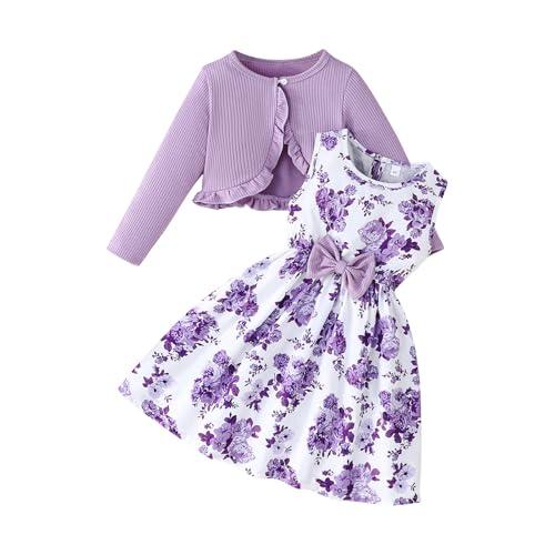 Mädchen Kleid 2-teiliges Ärmellos Blumenmkleid mit Langarm Strickjacke Kinder Baumwolle Kleidanzug Bowknot A-Linie Kleider Elegant Sommerkleid Teenager Swing Lässig Mädchenkleid (Navy, D) von Generic