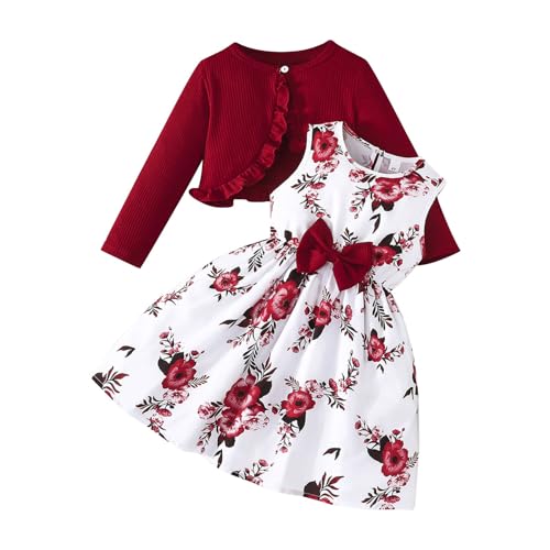 Mädchen Kleid 2-teiliges Ärmellos Blumenmkleid mit Langarm Strickjacke Kinder Baumwolle Kleidanzug Bowknot A-Linie Kleider Elegant Sommerkleid Teenager Swing Lässig Mädchenkleid (Red, F) von Generic