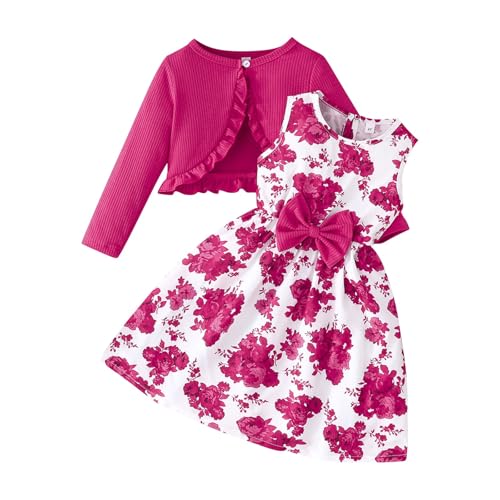 Mädchen Kleid 2-teiliges Ärmellos Blumenmkleid mit Langarm Strickjacke Kinder Baumwolle Kleidanzug Bowknot A-Linie Kleider Elegant Sommerkleid Teenager Swing Lässig Mädchenkleid (Watermelon Red, D) von Generic