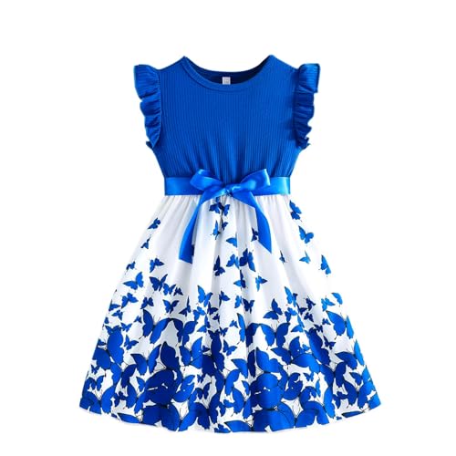 Mädchen Kleid Blumen Bowknot Kinder Kleider Rüschenärmel A-Linie Kleid Sommer Mädchen Rundhals von Generic