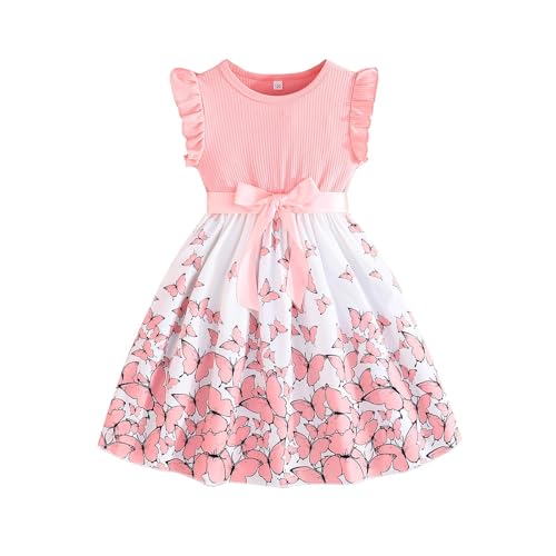 Mädchen Kleid Blumen Bowknot Kinder Kleider Rüschenärmel A-Linie Kleid Sommer Mädchen Rundhals von Generic