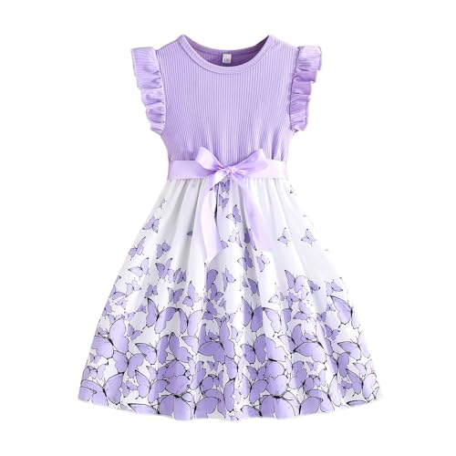 Mädchen Kleid Blumen Bowknot Kinder Kleider Rüschenärmel A-Linie Kleid Sommer Mädchen Rundhals von Generic