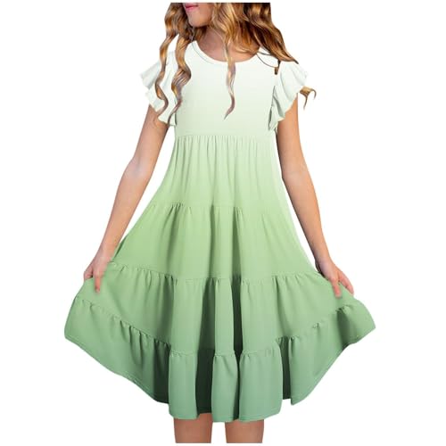 Mädchen Kleider Sommerkleid Chiffonkleid Einfarbig Kinderkleid Elegante A Linie Partykleid Kleider für Mädchen Kleid mit Farbverlauf Knielang Freizeitkleid für und Teenager Festliche (B-Green, 14-15) von Generic