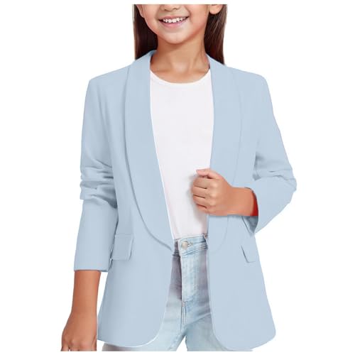 Mädchen Langarm Jacke Kinder Einfarbig Elegant Anzug Formeller Anlass Stehkragen Jacke Langarm Trenchcoat mit Taschen 3-12 Jahre (Z-01 Light Blue, 11-12 Years) von Generic