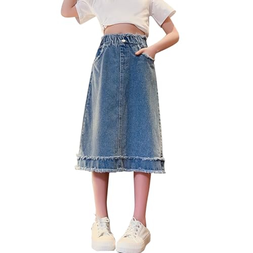 Mädchen Langer Jeansrock Sommer Teen A Linie Halblan Stretch Hohe Taille Jeansröcke Bequeme Lässig Geburtstag Party Festlich Halbes Kleid Stilvoll Jean Röcke Girl Dress (B-Blue, 10-11 Years) von Generic