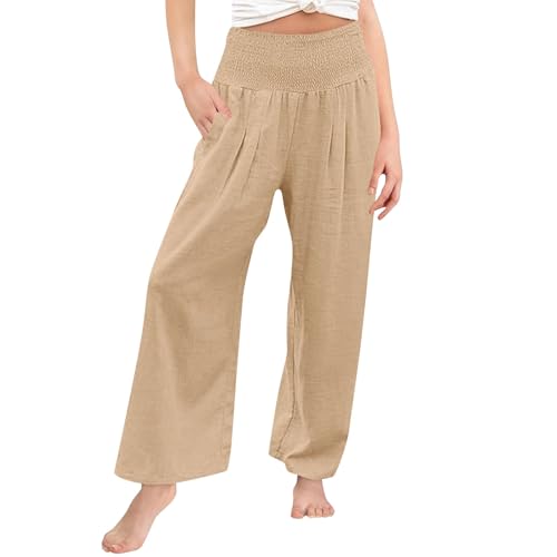 Mädchen Leinen Palazzo Hose Boho Weites Bein Hohe Taille Freizeithose Strand Reise Urlaub Outfits Leggings Ballett Leichte Sommerhose Dünne Hose Baggy Jogginghose Outdoorhose (Beige, 10-11 Years) von Generic