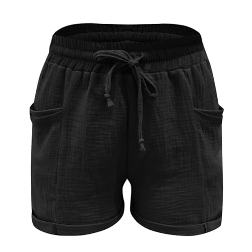 Mädchen Leinen Shorts Kurze Hose Sommer Sporthose Leicht Freizeit Sommerhose Elastische Taille Jogginghose Bequem Atmungsaktiv Trainingshorts Sweatshorts mit Tunnelzug Kinder (Black, 13-14 Years) von Generic